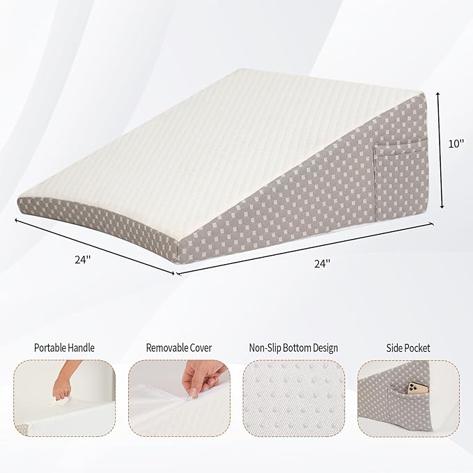 Wedge Pillow for Sleeping, 10 Inch Cooling Triangle Bed Pillow with Removable Cover, Elevated Body Pillow for Back Support, After Surgery, Snoring, Neck, Leg and Acid Reflux