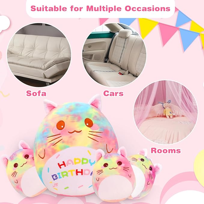 Birthday Cat Plush Pillow, 12'' Cat Stuffed Animal Cute Cat Plush Toy with 3 Little Cat Plushie Home Decoration Birthday Gift for Kids Toddlers