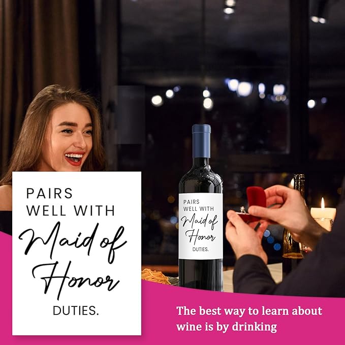 24Pcs Maid of Honor Wine Labels, Bridesmaid Proposal Gifts, Wedding Engagement Gift for Maid of Honor Bridesmaid Wine Label, Pairs Well with Maid of Honor Duties Wine Bottle Stickers Labels