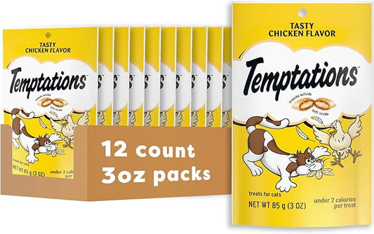 Temptations Classic Crunchy and Soft Cat Treats, Tasty Chicken Flavor, 3 oz. Pouch (Pack of 12)