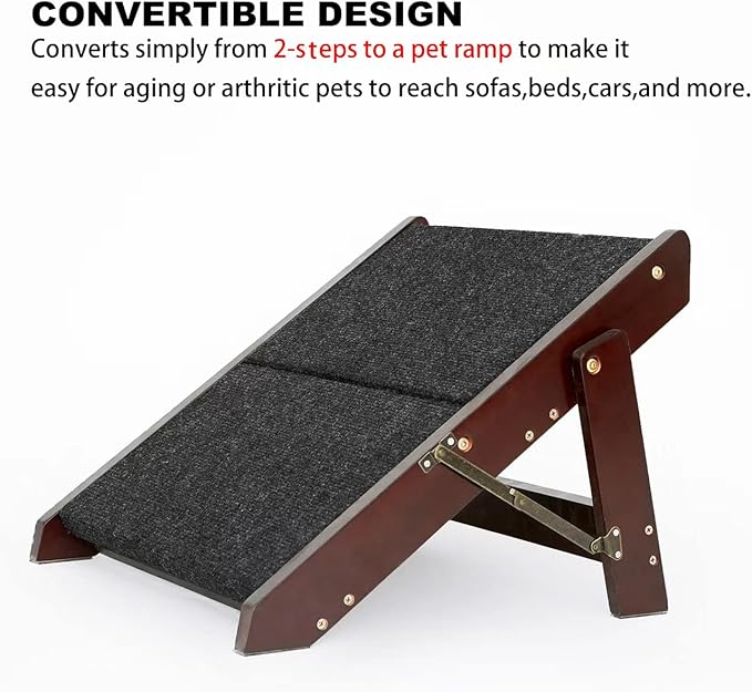 MEWANG Wooden Pet Stairs/Pet Steps - 2-in-1 Foldable Stairs & Ramp for Beds and Cars - Portable Dog/Cat Ladder Up to 110 Pounds