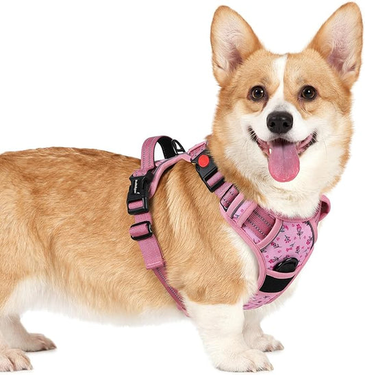 rabbitgoo Dog Harness Small Sized, No Pull Pet Harness with 3 Buckles, Adjustable Soft Padded Vest with Control Handle, Walking Reflective Pet Vest for Small Dogs, Floral Pink, S