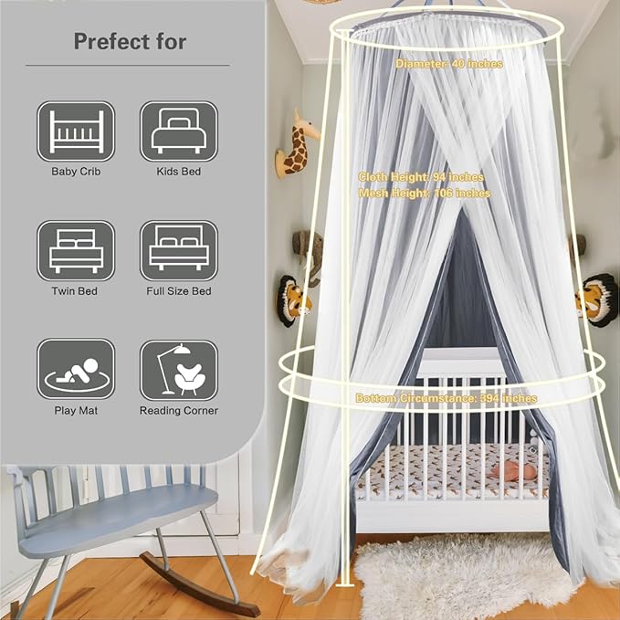 40"x 106" Bed Canopy for Girls & Adults, Double Layer Princess Round Dome Bed Curtain Canopy Drapes, Dreamy Mosquito Net Reading Nook, Bedroom Decoration (Gray)