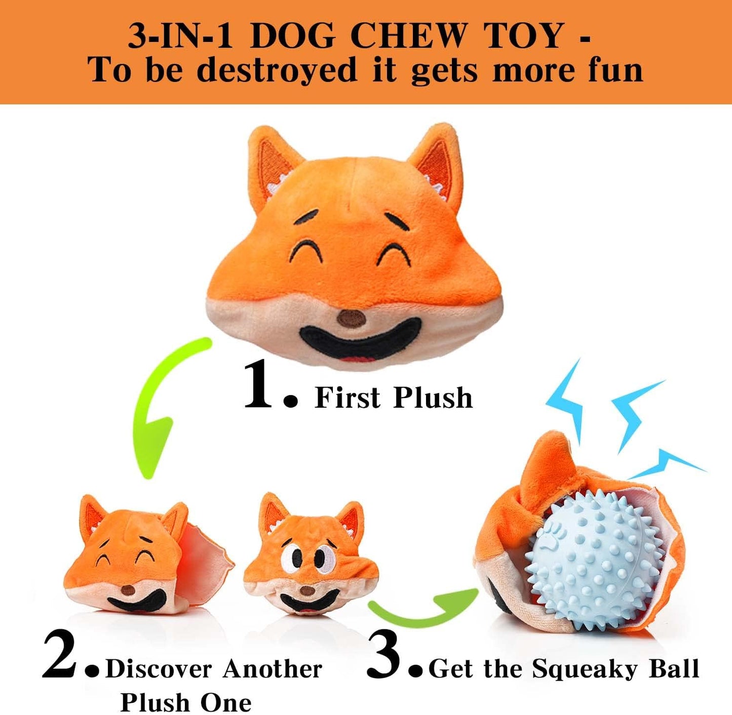MewaJump Squeaky Dog Toys with Ball 3-in-1 Plush Cute Chew Toy with 3 Layers Puzzle Pet Toy for Teeth Cleaning Puppy Enrichment for Small and Medium Breed (Fox)