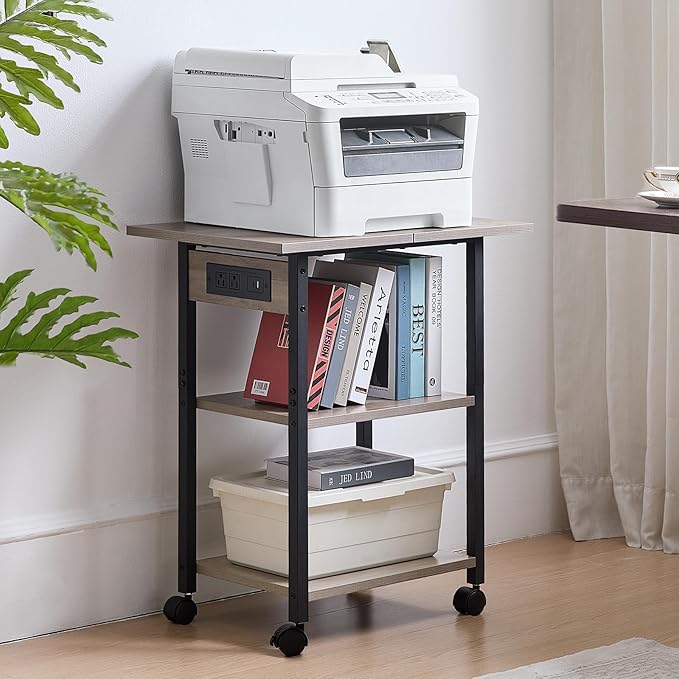 Lerliuo 3-Tier Printer Stand with Charging Station, Industrial Mobile Printer Table with Storage Shelf and Steel Frame, Rolling Printer Cart Holder with Lockable Wheels for Home, Office (Oak)