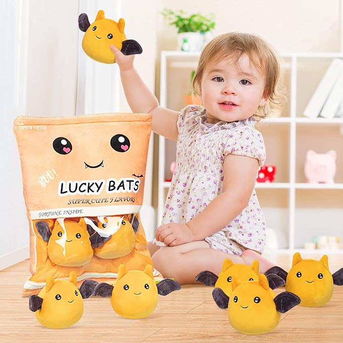 REFAHB Lucky Bat Plush Toy, Removable Stuffed Animal Plush Dolls, Soft Cute Plush Pillow Home Decoration Gift for Kids Girls' Birthday Christmas Halloween (5pcs a Bag, Orange)