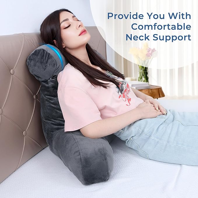 COOLBEBE Reading Pillow for Bed Backrest Pillow for Bed Sitting Up Adult with Arms Grey Back Support Pillow with Headrest & Pockets, Removable Washable Cover and Detachable Neck Roll(Standard 18")