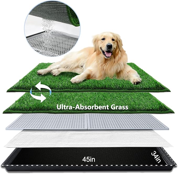 Dog Grass Pad with Tray Extra Large 45”×34”, Dog Potty with Ultra-Absorbent Artificial Grass for Dogs with Hemmed Edge, Pee Pads for Dogs, Realistic, Odor Free Litter Box for Balcony