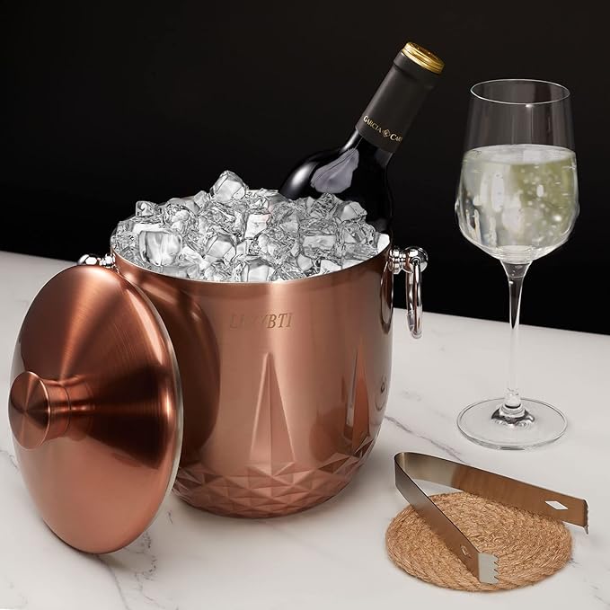 Ice Bucket with Lid, Double Wall Stainless Steel insulated ice bucket, Champagne Bucket, Wine Bucket for parties, cocktail bar, Copper, 3L