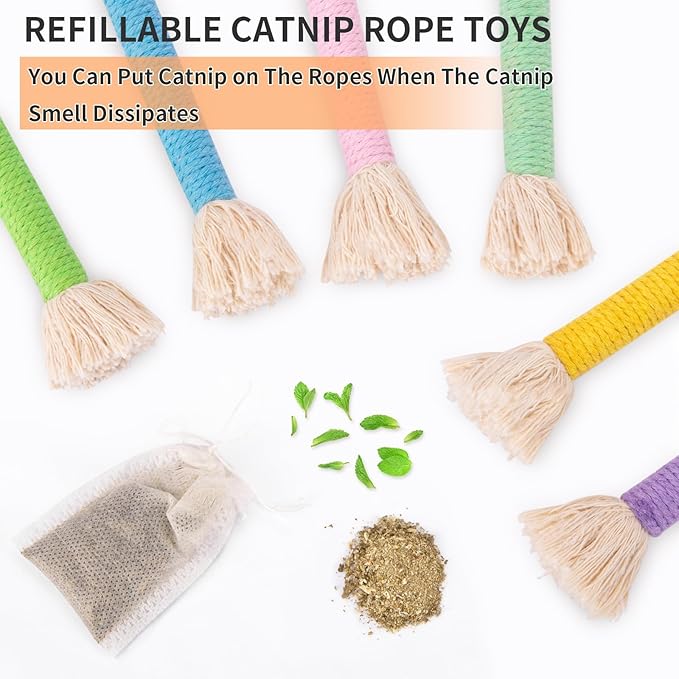 Retro Shaw Cat Toys Ropes with Catnip, 6Pcs Kitten Teething Chew Toys for Indoor Cats, Interactive Cat Nip Kitty Toys Kicker, Safe Durable Upgraded