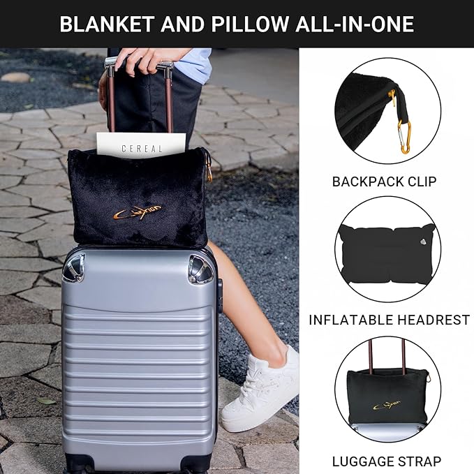 3 in 1 Travel Pillow and Blanket Set, Premium Soft 300 GSM Thick Airplane Blanket Compact with Bag for Long Trips Essentials, Hand Luggage Sleeve and Backpack Clip (Black)