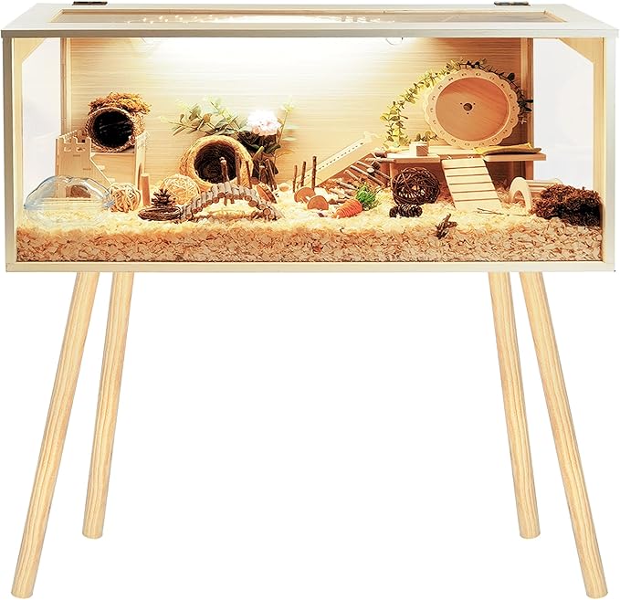 Prolee Hamster Cage Wooden Chew Proof, Extra Large Mice and Rat Habitat Openable Top with Acrylic Sheets Solid Built Small Animal Cage with Leg Stands, 48 Inch Long
