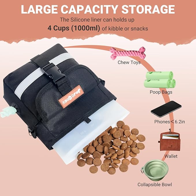 JOJOGOGO Dog Treat Pouch with 4 Cup Removalbe Silicone Bag, Magnetic Closure Treat Pouches for Pet Training and Walking, Dog Training Treat Pouch with Clicker, Puppy Snack Bag and Poop Bag Holder