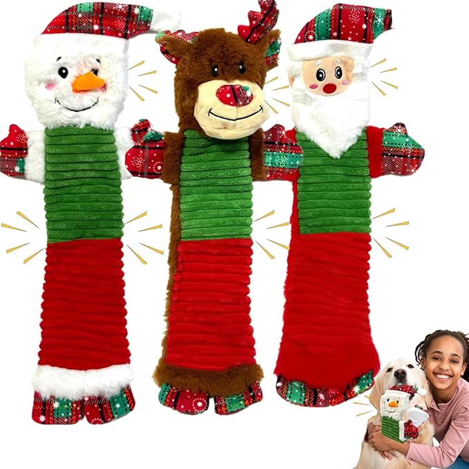 3PCS Christmas Dog Squeaky Toys with Crinkle, Xmas Interactive Plush Toys to Boredom, Dog Enrichment Chew Toys to Keep Them Busy, for Small Medium Large Size Santa Claus/Snowman/Deer
