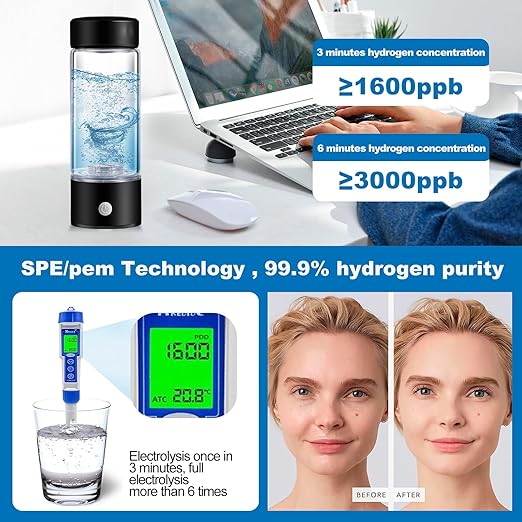 Hydrogen Water Bottle, Hydrogen Water Bottle Generator, 3Min Quick Electrolysis, 2 in 1 Portable Hydrogen Water Generator, Hydrogen Water Ionizer Machine with SPE PEM for Home, Office, Travel