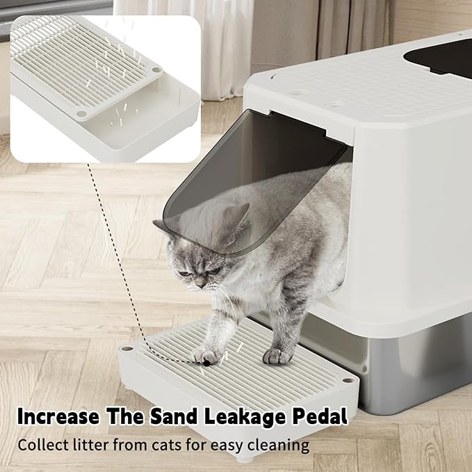 RIZZARI Stainless Steel Litter Box: 23.8" × 11.7" × 16.1" Beige Non-Stick Litter Pan with Cat Litter - Easy to Clean for Apartments - Multi-Cat Homes
