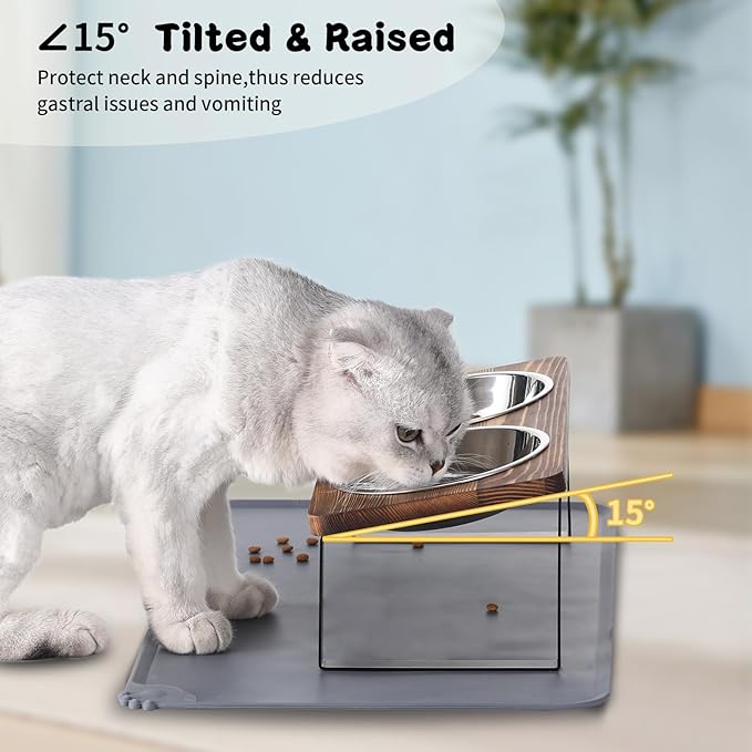 Upgraded Elevated Cat Bowls with Food Mat,15°Tilted Stand Anti Vomiting Raised Cat Dishes for Food and Water,2 Stainless Steel Bowls for Cats and Puppy（Rustic Brown）