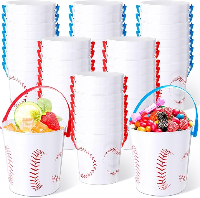 Mifoci Baseball Small Plastic Bucket with Handles 34 oz Versatile Baseball Treat Bucket Baseball Ice Bucket Bulk for Wine Beverage Baseball Party Bar Alcohol Beer Snack Drink Pail Gifts(30 Pcs)