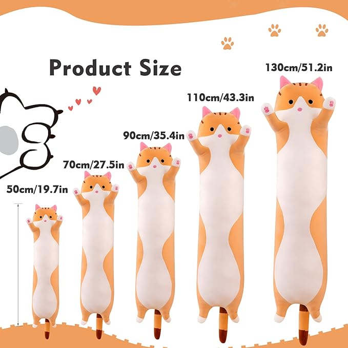 Long Cat Plush Pillow, 35.4in Cute Cat Plushie Stuffed Animals Body Pillow, Yellow Kawaii Kitten Soft Plushie Doll Toy Birthday Gift for Kids Girlfriend