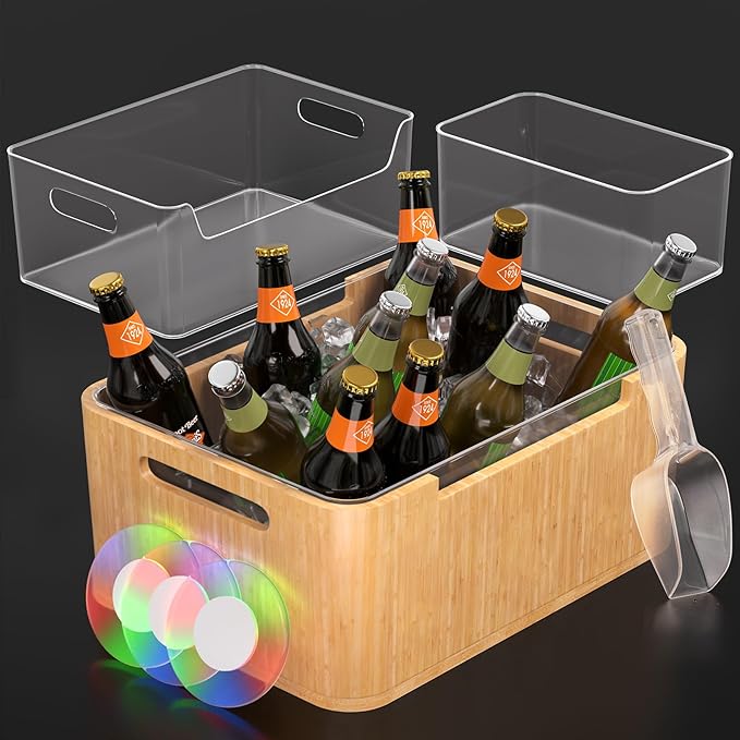 Ice Bucket Kit, 12L Capacity, Double-Layer Insulated, Keeps Ice Cold for Long Time, Includes 5L, 3.5L PET Ice Buckets, Ice Scoop, and 3 awesome colorful lights, Perfect for Parties