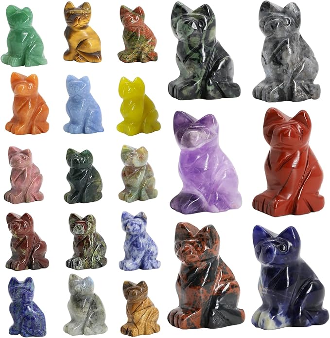 Gemstone Cat Figurine Mix 6PCS, Crystal Sitting Kitten Healing Carved Lucky Animal Carving for Home Decor 1.5''