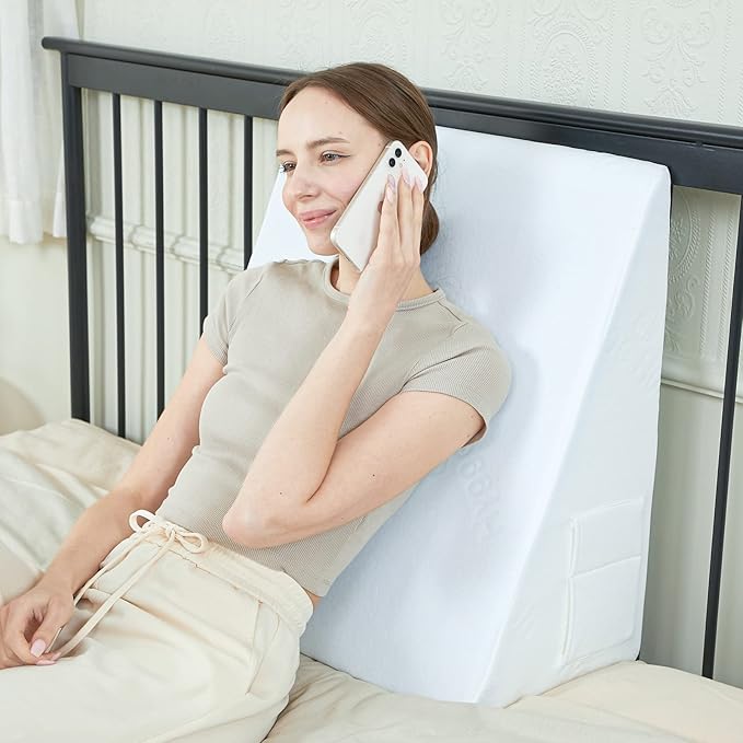 Bed Wedge Pillow, 10" 24" 24" Triangle Pillow Wedge, Cooling Memory Foam Top, Elevated Support Wedge Pillow for Relieving Acid Reflux, Heartburn, Snoring and GERD