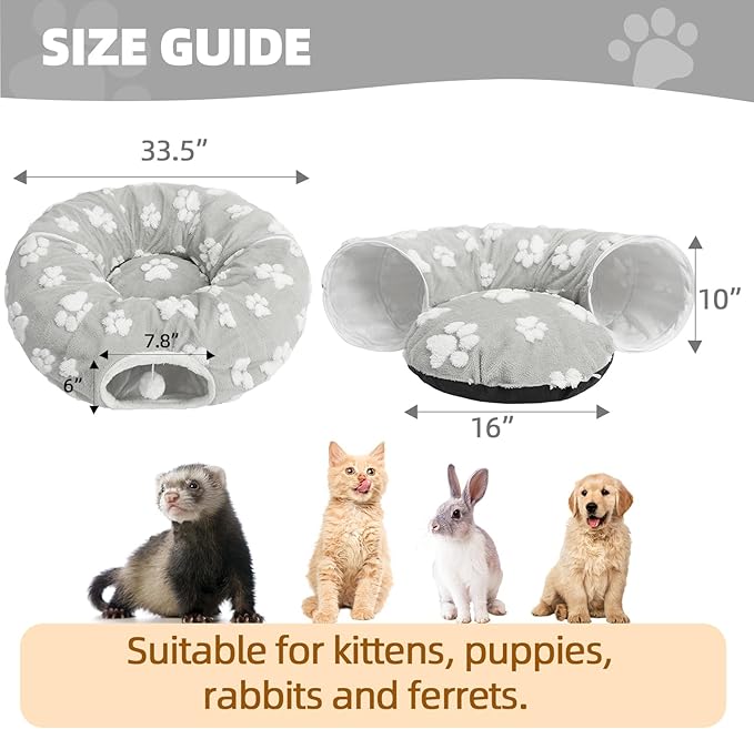 Homimp Cat Tunnel Bed with Central Mat,Large Tube Playground with Plush Ball Toy,Peekaboo Cat Cave with Washable Circle Cushion for Indoor Cats,Pop Up Bed HidePlace for Kitten Puppy Rabbit, Grey Paw