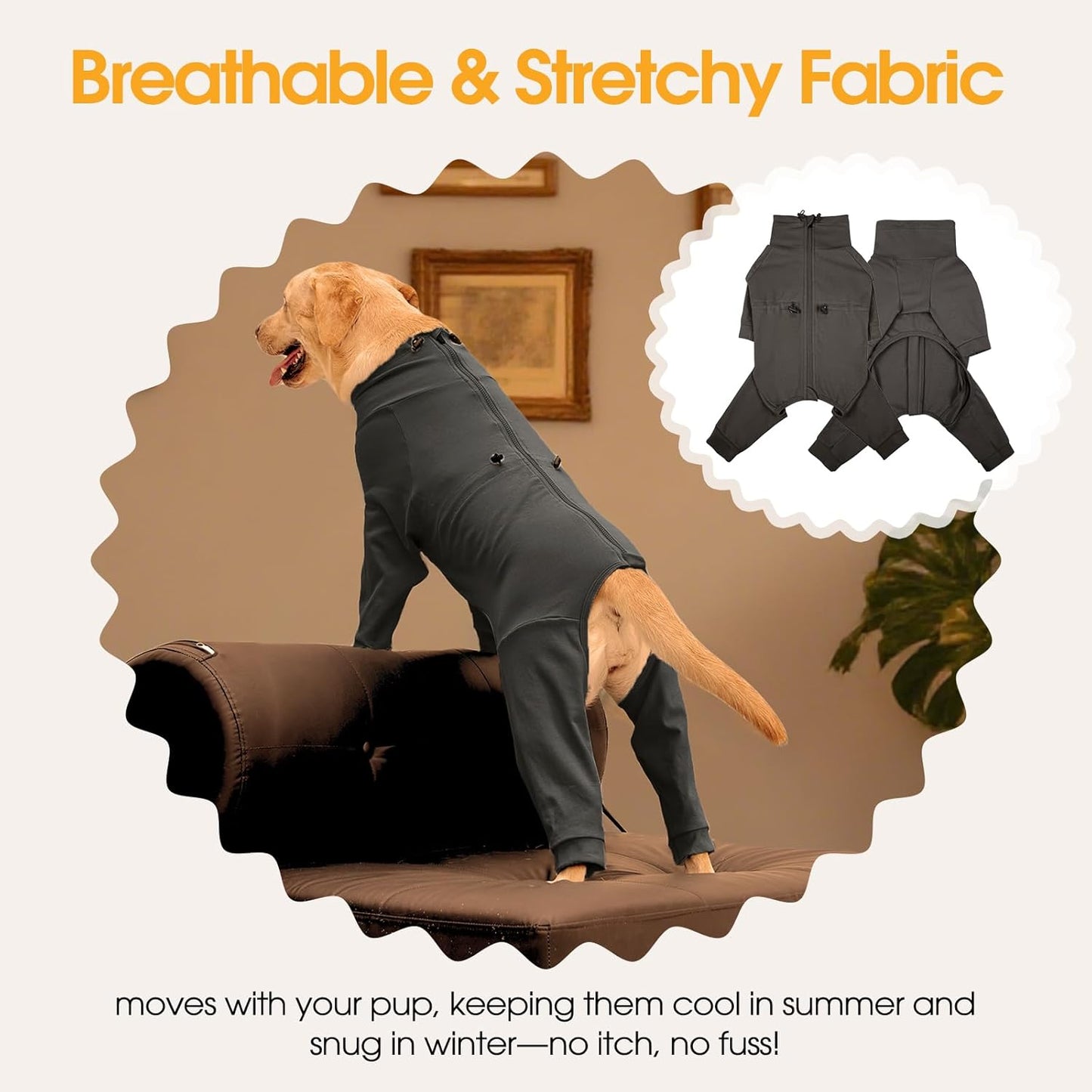 Medium Dog Pajamas with Back Zipper & Adjustable Drawstrings, Soft Dog Onesie Pjs, Easy On/Off Comfy Anti-Licking Dogs Outfits Jammies Shedding Suits, Beagle, Springer Spaniel, Grey L