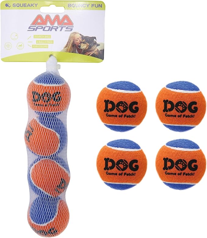 AMA SPORT Squeaky Tennis Balls for Dogs 2.0" Small Dog Tennis Balls for Throwing and Fetching Dog Toys for Training, Exercise, High Bouncing 4 Pack (Orange Blue)