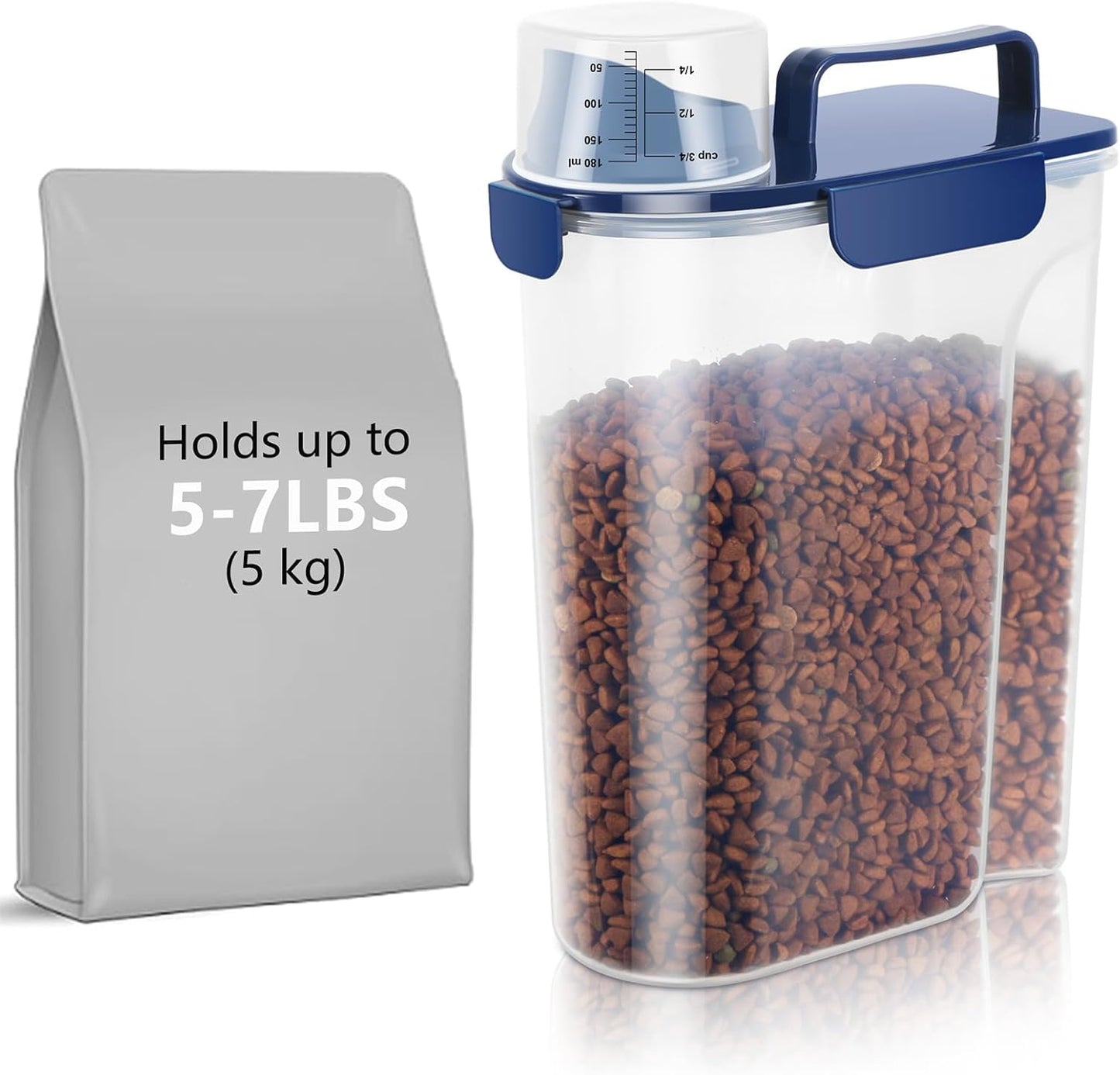 5Lbs Airtight Dog Food Container,Cat Storage Bin, Pet Dispenser BPA-FreeTranslucent Body Upgraded large nozzle for Small Animal Kibble, Bird Bird Seed, Oatmeal, Rice, Flour, Brown Sugart-Royal Blue