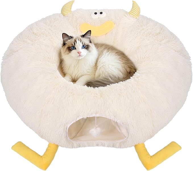 Cat Tunnel Bed for Indoor Cats - Cute Cat Donut Tunnel with Washable Circle Cushion - Multi-Purpose Cat Bed & Peekabo Cave, Pet Playground Toys for Kittens, Puppy, Rabbit (White)