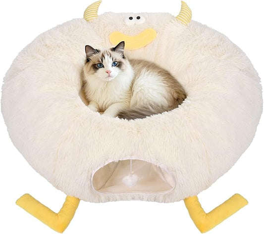Cat Tunnel Bed for Indoor Cats - Cute Cat Donut Tunnel with Washable Circle Cushion - Multi-Purpose Cat Bed & Peekabo Cave, Pet Playground Toys for Kittens, Puppy, Rabbit (White)