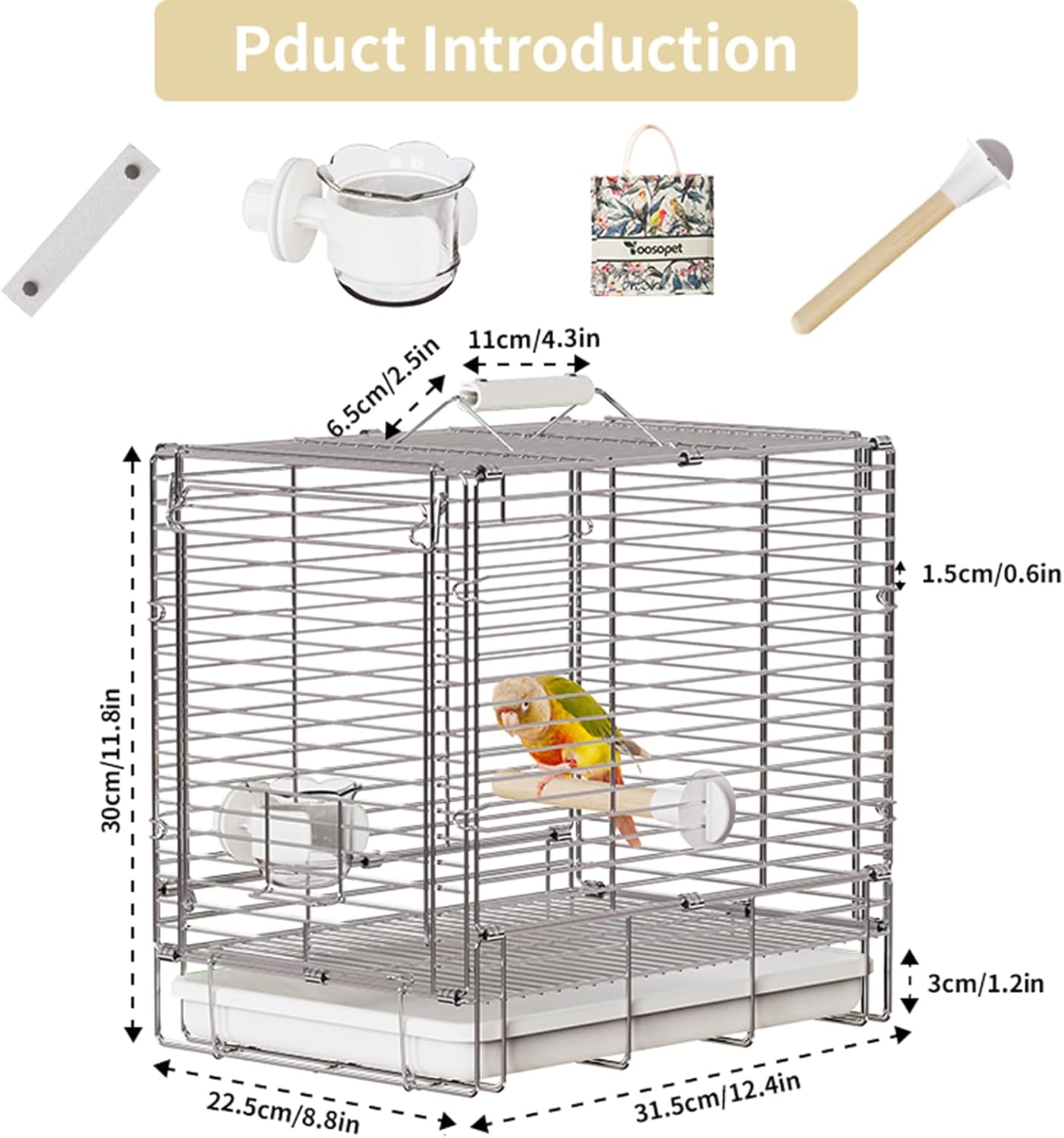 Bird Carrier Travel Cage - 304 Stainless Steel Portable Folding Bird Travel Cage with Parrot Feeder Cups & Standing Perch for Smaller Birds Conures Lovebird Cockatiel Parakeets (White)