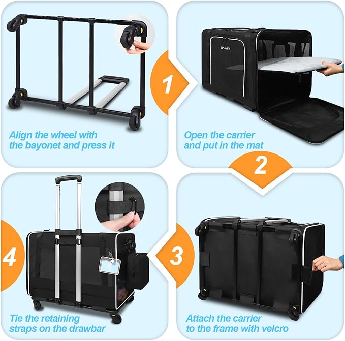 Petskd Extra Large Cat Carrier with Wheels and Litter Box 24"x17"x17" for Large Cat or 2 Small Cats, Collapsible Soft Sided Pet Carrier for Car Travel with Lockable Safety Zippers(Black)