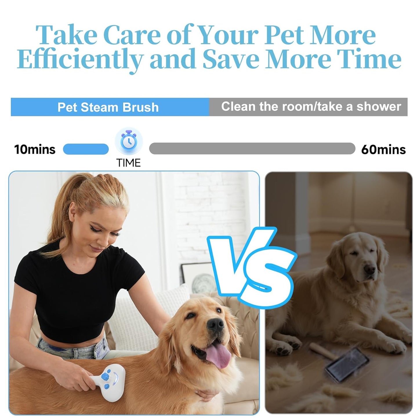 Pet Steam Brush for Dog & Cat - 3-in-1 Steam Grooming Brush for Shedding & Hair Removal - Self Cleaning Spray Comb with Mist for Long Haired Pets, Blue