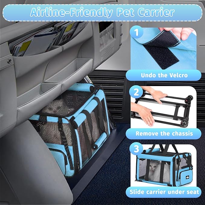 Pet Carrier with Wheels, Durable Airline Approved Cat Crate, Foldable Rolling Dog Carrier, Cat Rolling Bag for Cat &Dog, Use for Travel, Outdoor, Vet Visits, Camping, Indoor. Blue.