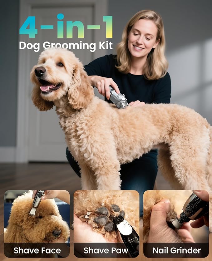 oneisall Dog Clippers for Grooming Thick/Heavy Coats, 4-in-1 Dog Grooming Kit Low Noise with Stainless Steel Blade, Cordless Dogs Paw Trimmer Pet Nail Grinder for Small & Large Dogs Cats Animals