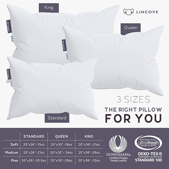Lincove 100% European Down Venus Pillow – German Down 600 Fill Power, 400 Thread Count Shell, Made in Canada, | Luxe Collection, Standard - Firm