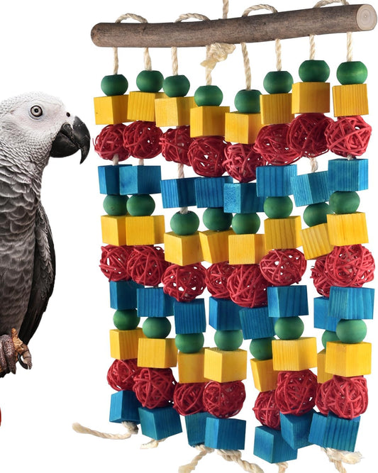 Large Parrot Toys, 17.7 inch Multicolored Natural Wooden Blocks Beads Rattan Balls, Bird Chew and Hanging Tearing Toys for Large Medium Birds Macaws African Grey Cockatoos Amazon Parrots