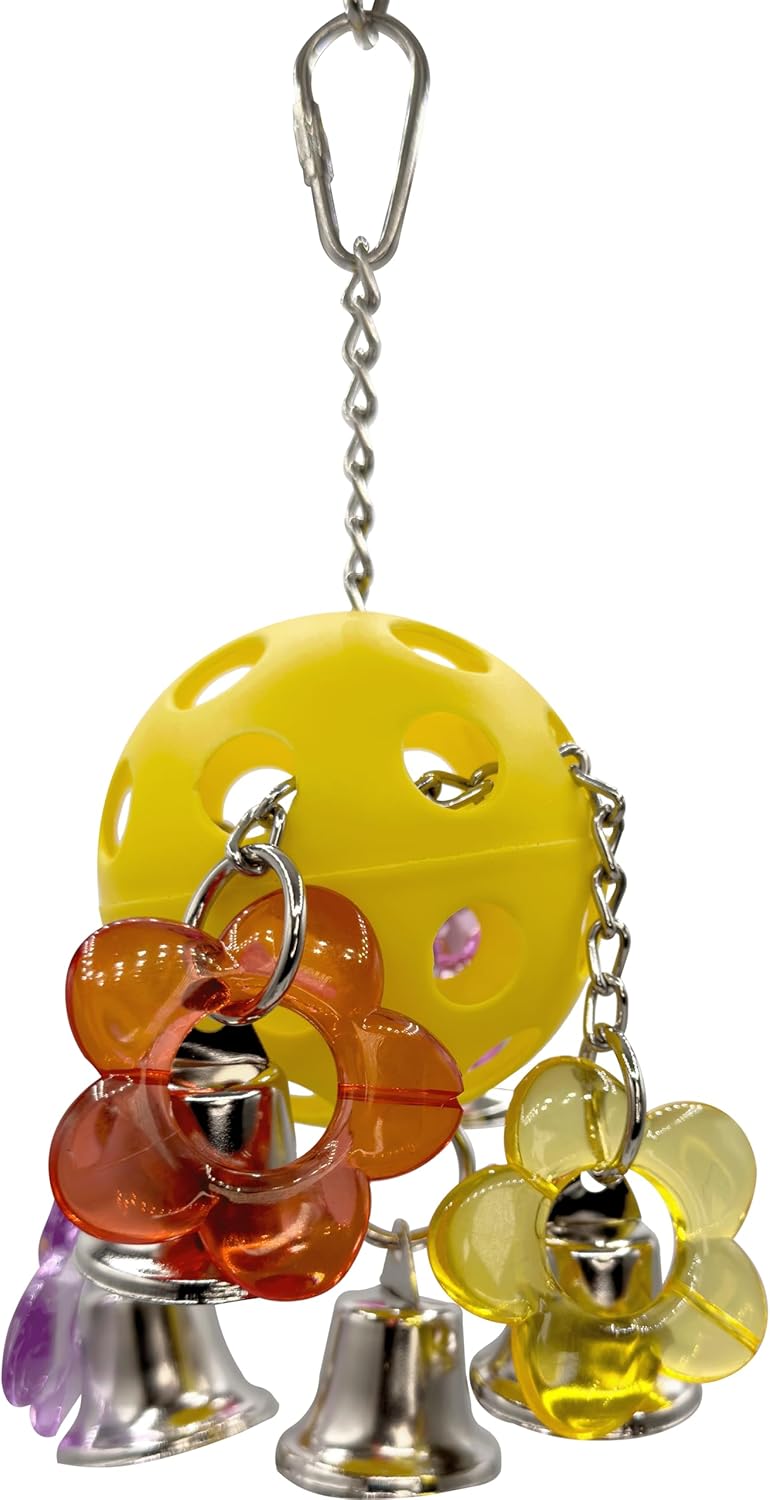 1937 Flower Ringer with Acrylic Flowers, Bells and Chain Links – Handcrafted Great for Conures, African Greys, Amazons and Medium Size Birds