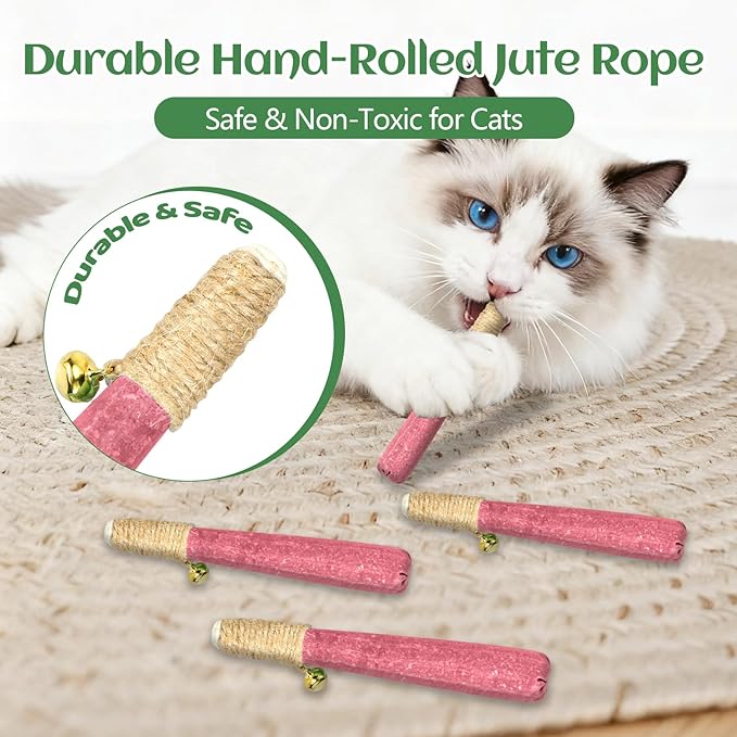 4 Pack Hand-Rolled Catnip Sticks with Chew Rope & Bell -Shaped Cat Toys for Indoor Cats and Kicker Toys, Teething Chew and Play Fun (Pink)