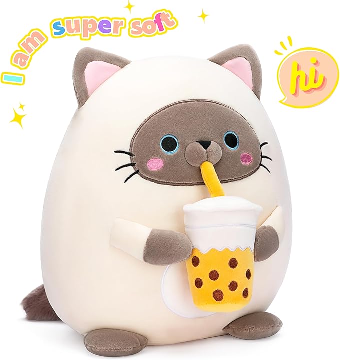 Original 13-inch Large Siamese Cat Plush Pillow Stuffed Animal Toy,Big Size Cute Soft Fat Hugging Cuddle Huggable Plushie,Gift for Kids