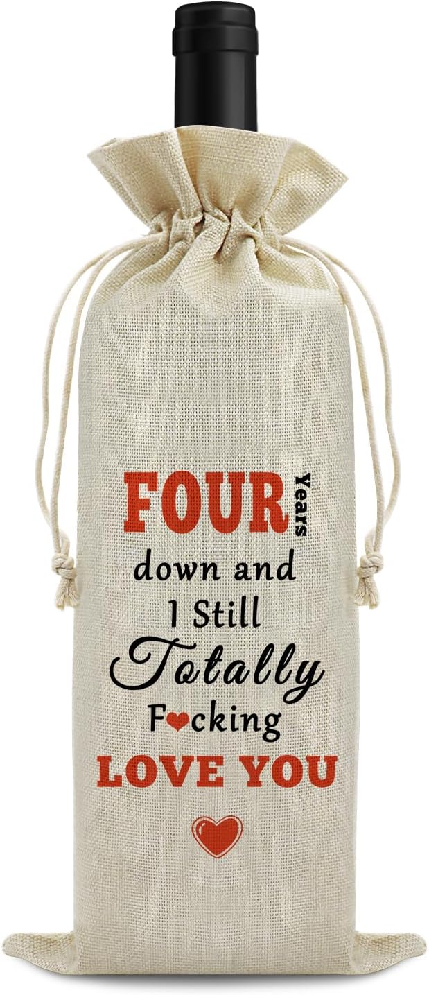 4th Anniversary Marriage Gift for Wife Husband Wine Bag 4 Years Anniversary Wedding Gift for Couples Burlap Wine Bag 4th Anniversary Birthday Christmas Valentine Gift for Her Him Wine Gift Bag