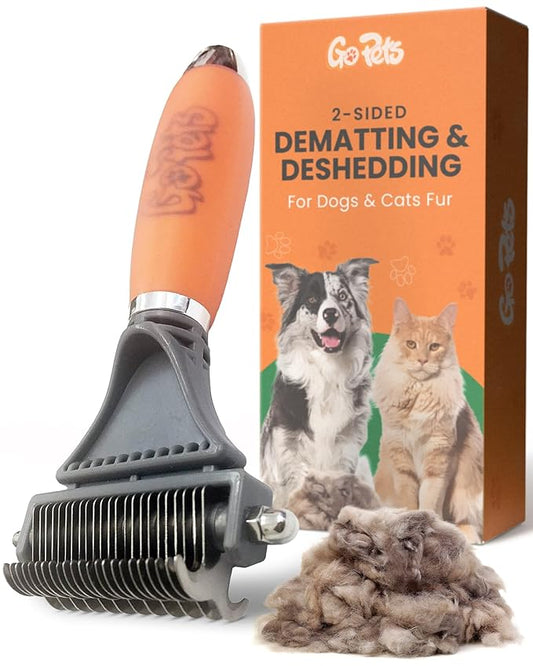 GoPets 2-Sided Dematting & Deshedding Comb for Dogs & Cats, Versatile Undercoat Detangler Brush for Shedding, Matted Hair & Fur Remover Tool, Stress-Free Pet Grooming Rake with Ergonomic Handle