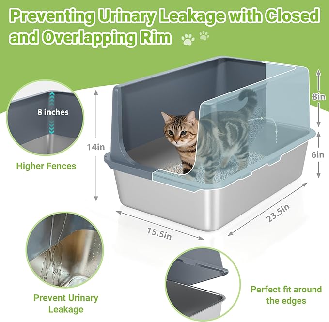 LIHONG Stainless Steel Cat Litter Box, XL Metal with Lid, Cat Litter Pan for Large Cats, Non-Sticky Large Kitty Litter Box, Anti-Leakage, 23.5" X 15.5" X 14" XXL