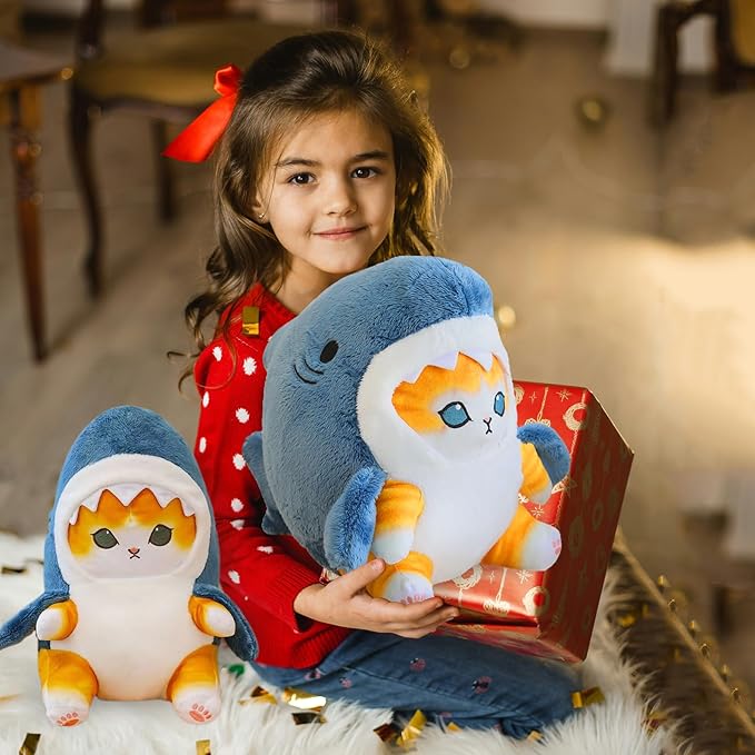 Kawaii Shark Cat Plush Toy Stuffed Animal Doll, Cute Soft Pillow Stress Release Hugs Toys Christmas Halloween Birthday Gifts for Kids Boys Girl Best Gift (Blue - Yellow,12 inch)