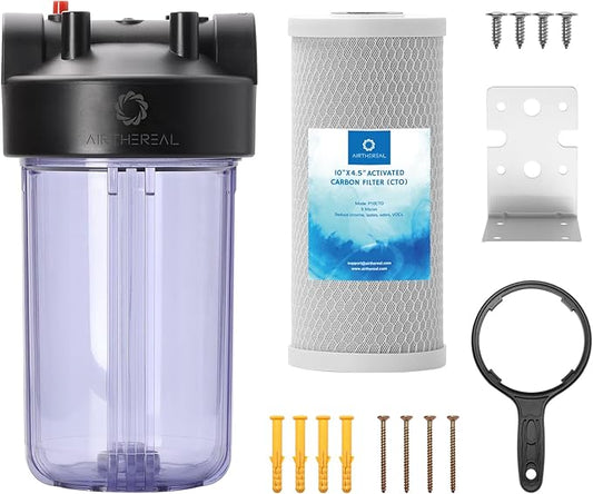 Airthereal Whole House Water Filter Housing, 10" x 4.5" Sediment Carbon Cartridge Universal Housing, Pre-Filtration System for Well and City Water, Clear Housing Include 1-Pack CTO Filter