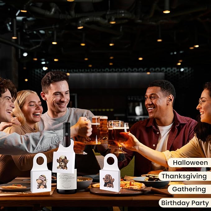 Megitzuu 30PCS Wine Bottle Box with Window, Kraft Paper Wine Boxes for Halloween Gifts Hanging Pumpkin Treat Box Mini Charcuterie Boxes Wine Bottles Gift Bags Goodies Candy Box Party Favor (White)