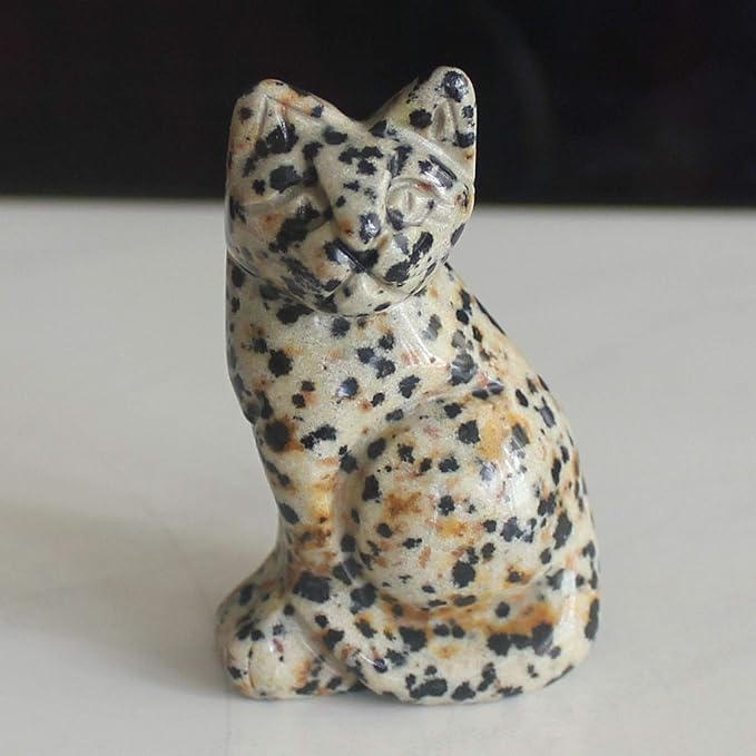 2‘’ Hand Carved Mixed Gemstone Crystal cat Figurine Animal Carving (Dalmation Jasper)