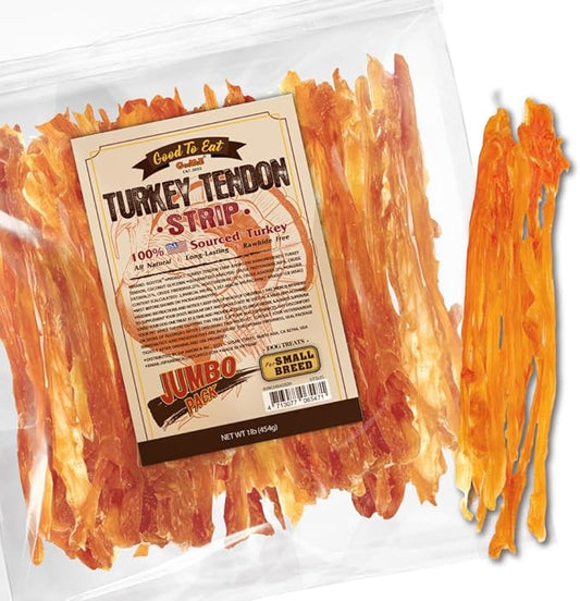 Gootoe Turkey Tendon Dog Treats, Strips 1 lb, USA-Sourced Turkey Tendon, Natural Snack, Premium Puppy Chews, Hypoallergenic, Rawhide Free, Reseal Value Bag, Size for Small Dogs